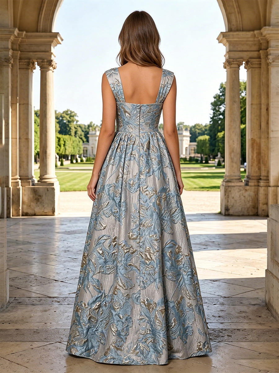 Jacquard A Line Square Neck Pleats Corset Evening Dresses