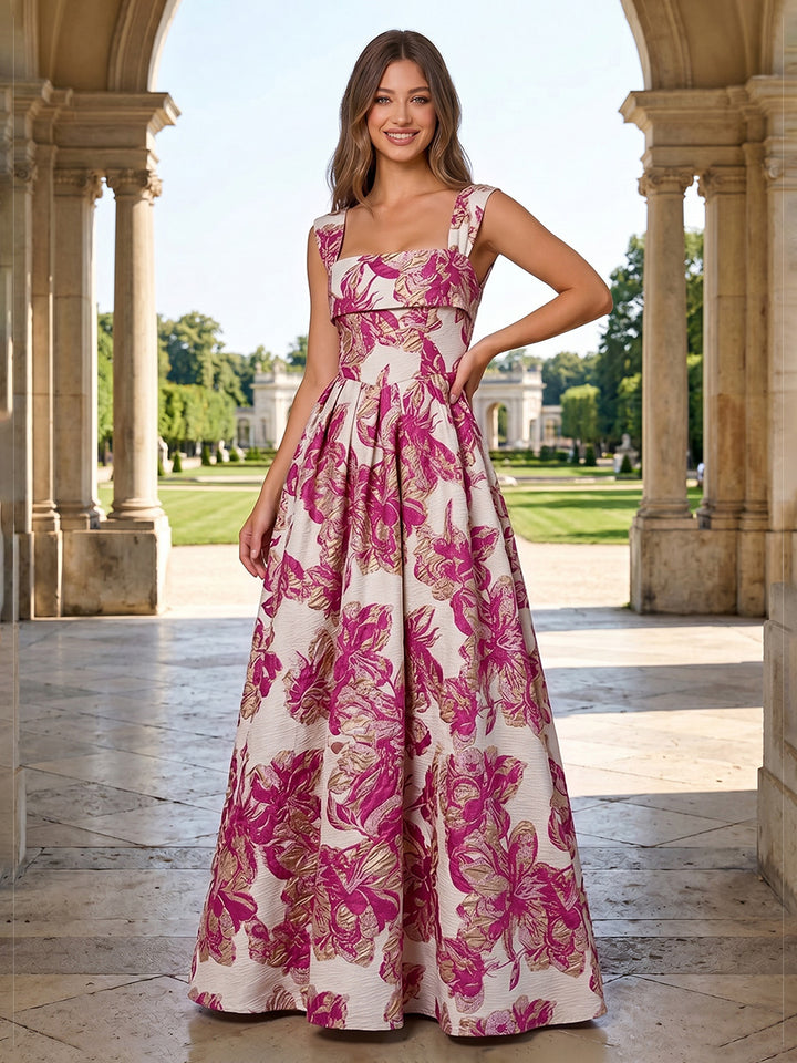 Jacquard A Line Square Neck Pleats Corset Evening Dresses