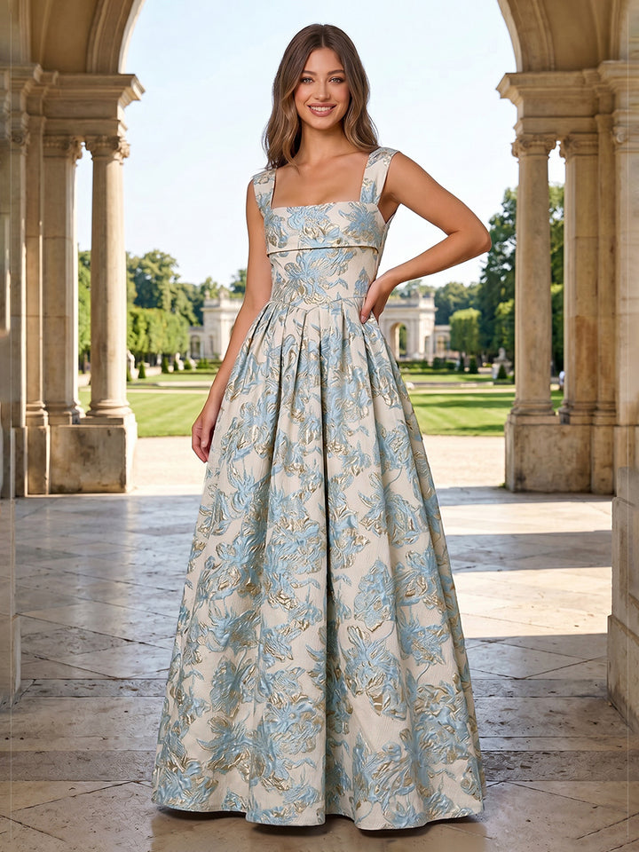 Jacquard A Line Square Neck Pleats Corset Evening Dresses
