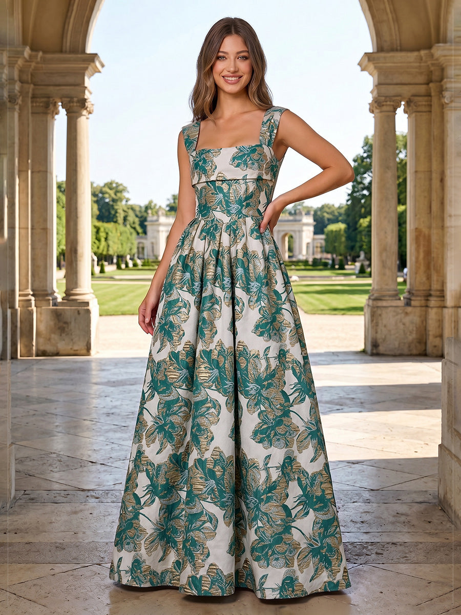 Jacquard A Line Square Neck Pleats Corset Evening Dresses
