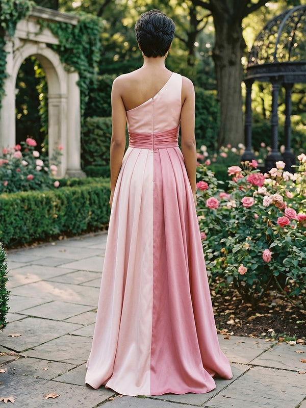 Satin A Line One Shoulder Pleats Ruched Evening Dresses