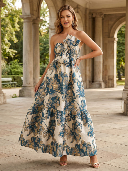 Jacquard A Line Strapless Bow Corset Formal Dresses