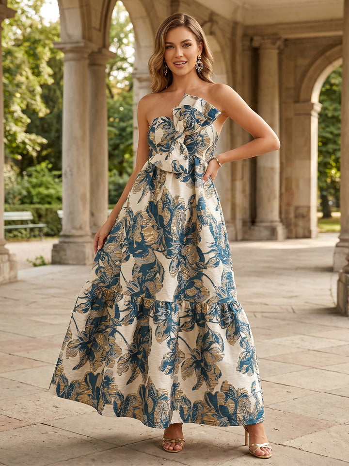 Jacquard A Line Strapless Bow Corset Evening Dresses