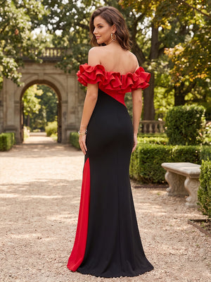 Stretch Mesh A Line Off the Shoulder Ruffles Slit Evening Dresses