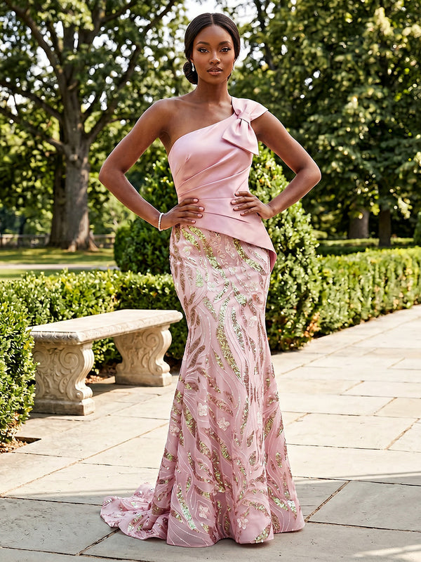 Satin A Line One Shoulder Ruched Bow Evening Dresses
