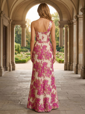 Jacquard Mermaid One Shoulder Slit Ruched Evening Dresses