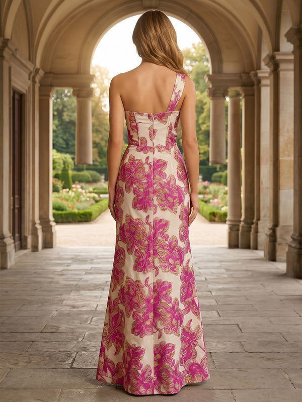 Jacquard Mermaid One Shoulder Slit Ruched Evening Dresses