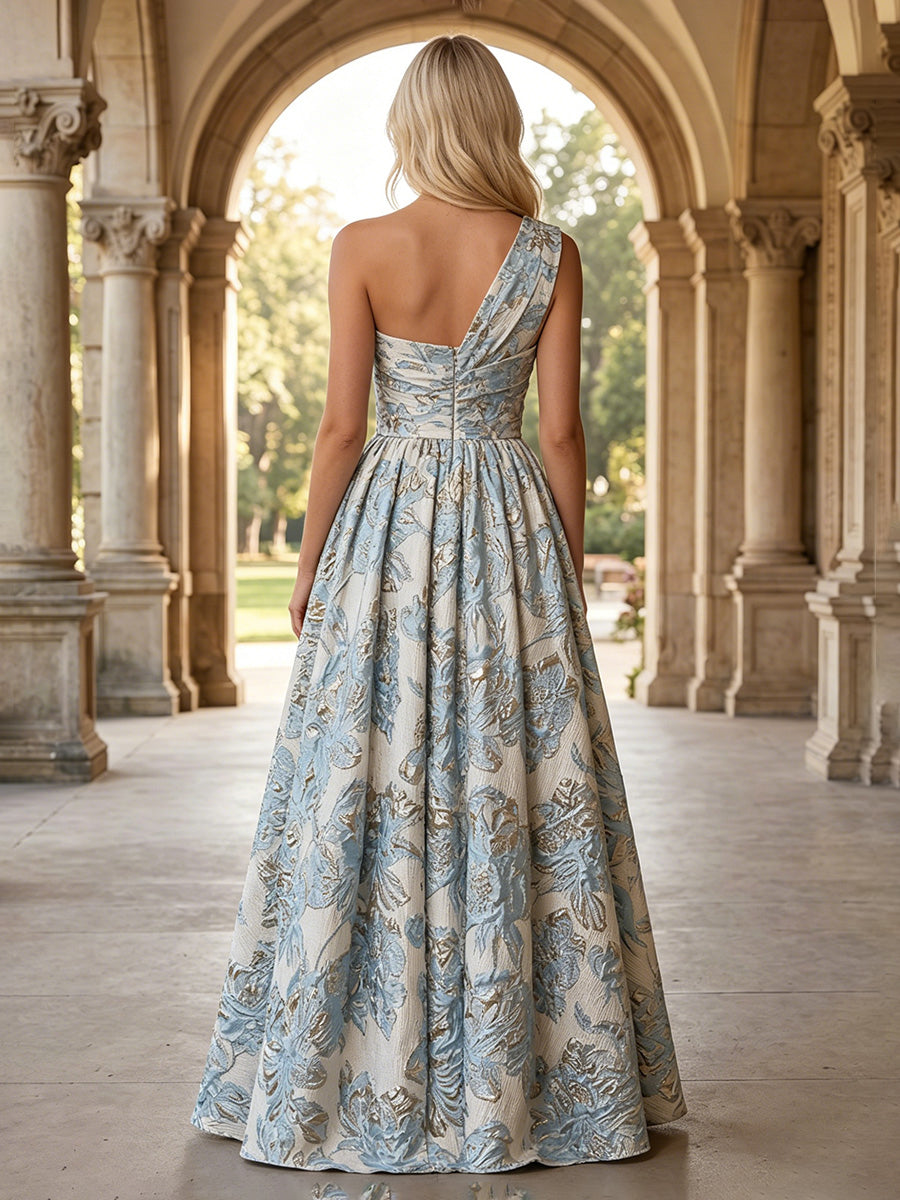 Jacquard A Line One Shoulder Pleats Ruched Evening Dresses