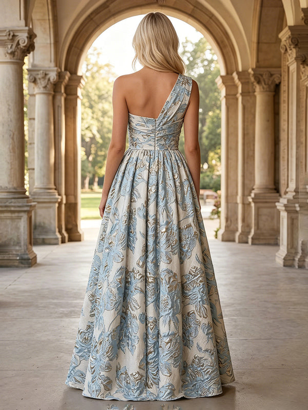 Jacquard A Line One Shoulder Pleats Ruched Evening Dresses
