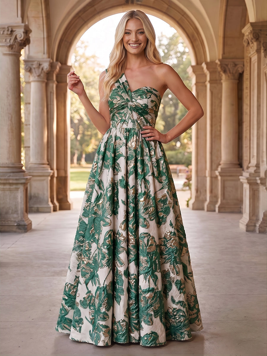 Jacquard A Line One Shoulder Pleats Ruched Evening Dresses