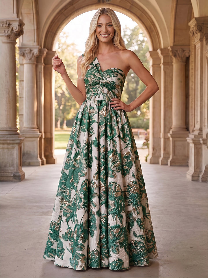 Jacquard A Line One Shoulder Pleats Ruched Evening Dresses
