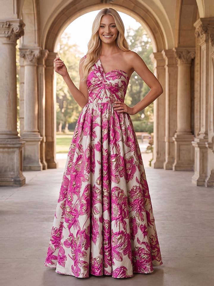 Jacquard A Line One Shoulder Pleats Ruched Evening Dresses