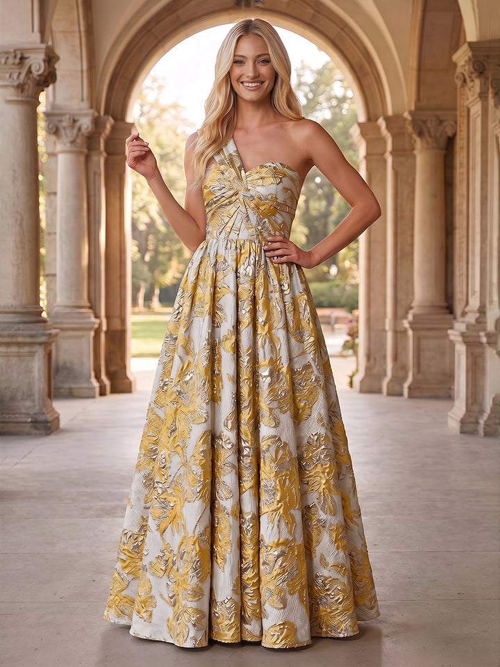 Jacquard A Line One Shoulder Pleats Ruched Evening Dresses
