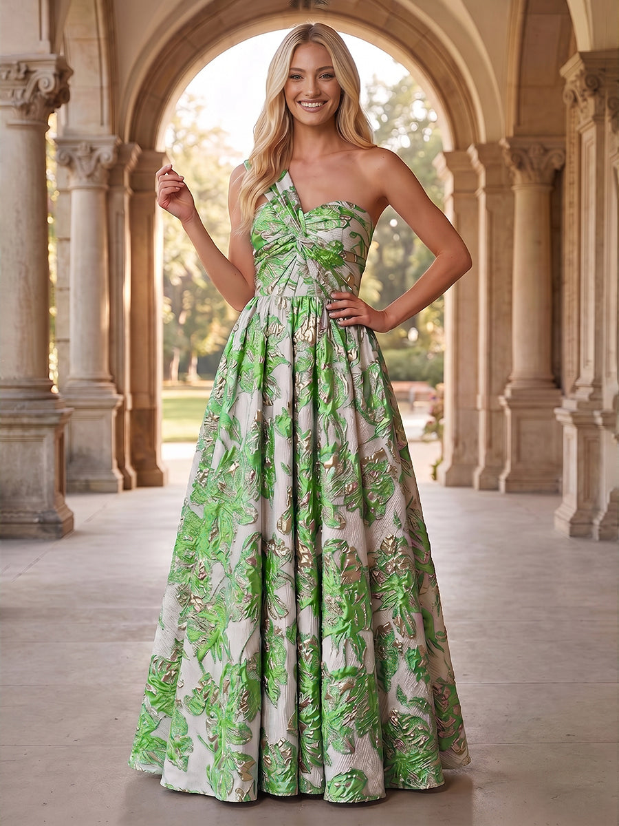 Jacquard A Line One Shoulder Pleats Ruched Evening Dresses