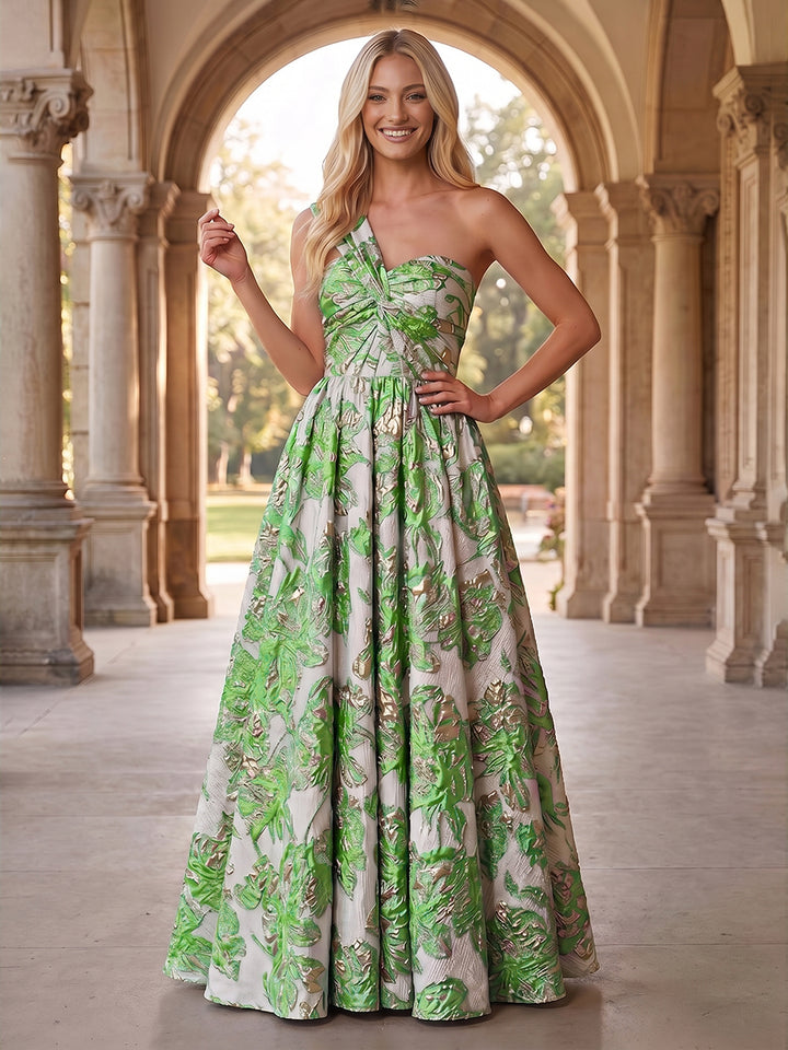 Jacquard A Line One Shoulder Pleats Ruched Evening Dresses