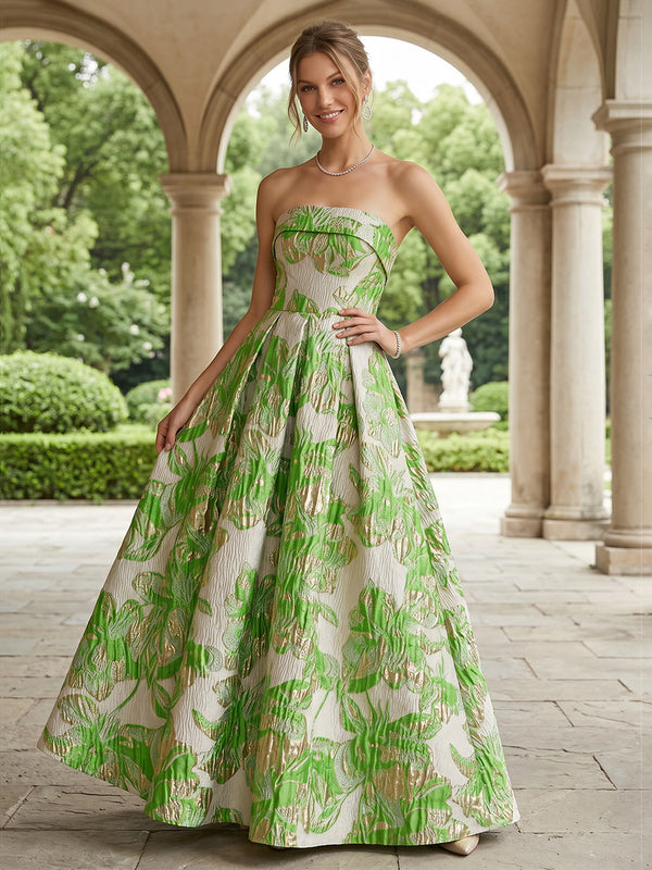 Jacquard A Line Strapless Corset Pleats Evening Dresses