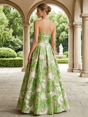 Jacquard A Line Strapless Corset Pleats Evening Dresses