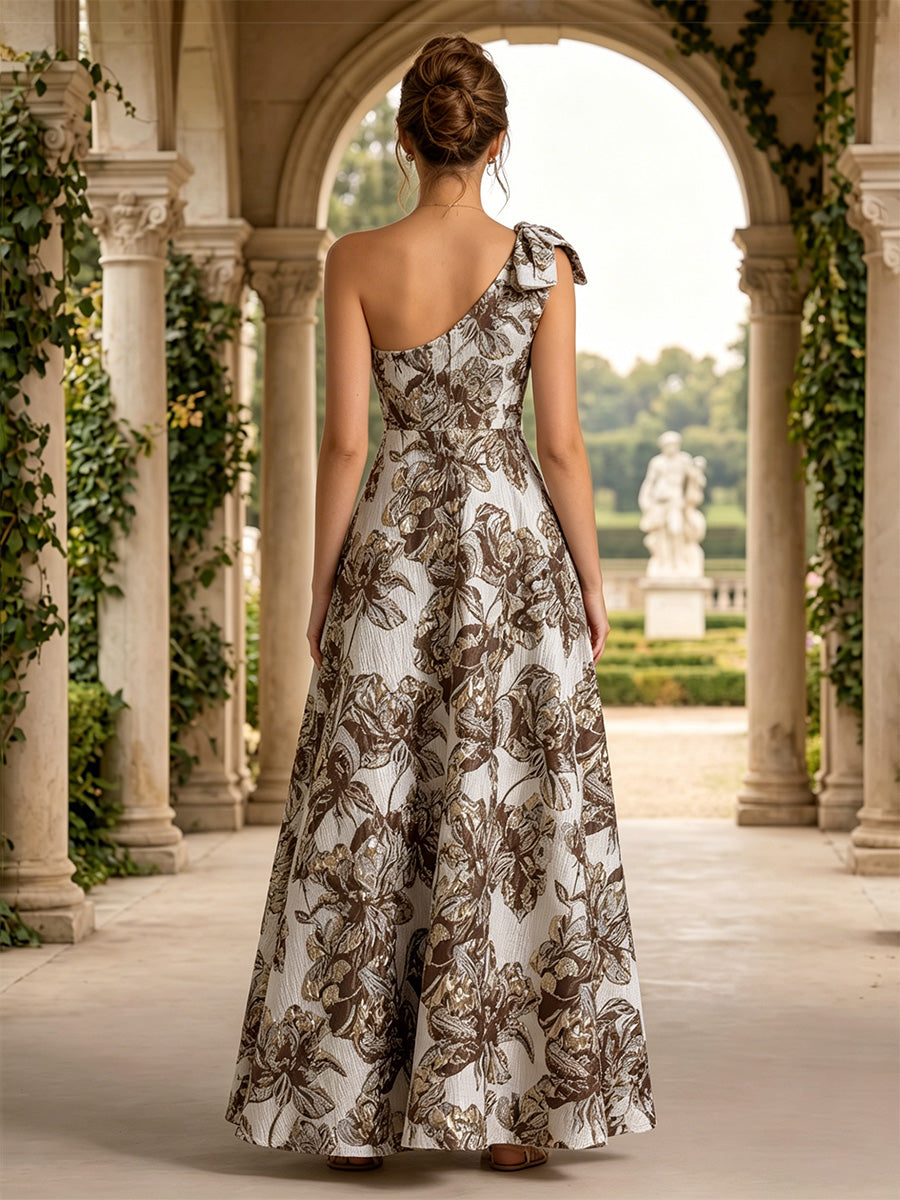 Jacquard A Line One Shoulder Pleats Bow Evening Dresses