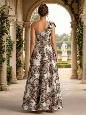 Jacquard A Line One Shoulder Pleats Bow Evening Dresses