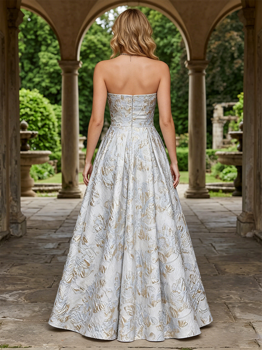 Jacquard A Line Strapless Pleats Corset Evening Dresses