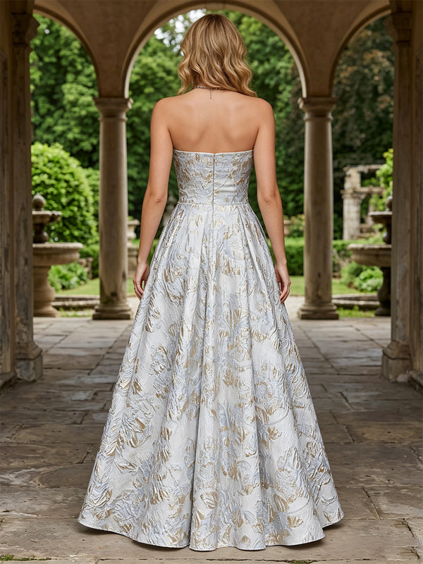 Jacquard A Line Strapless Pleats Corset Evening Dresses