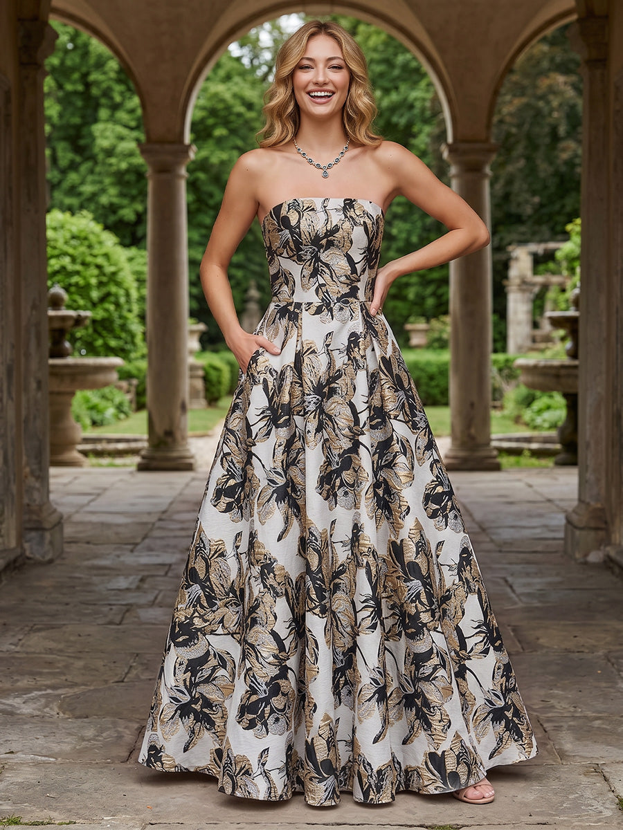 Jacquard A Line Strapless Pleats Corset Evening Dresses