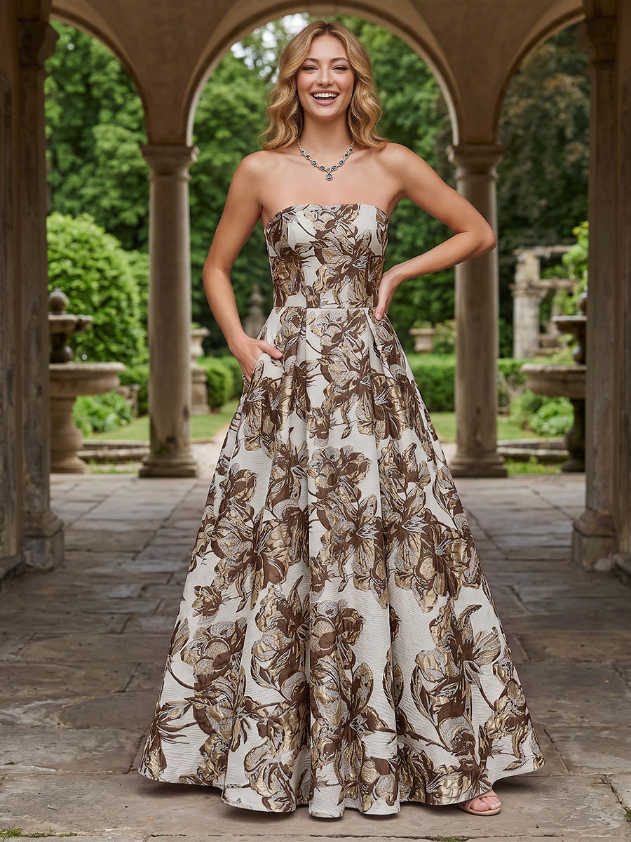 Jacquard A Line Strapless Pleats Corset Evening Dresses