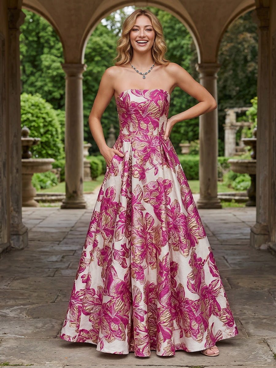 Jacquard A Line Strapless Pleats Corset Evening Dresses