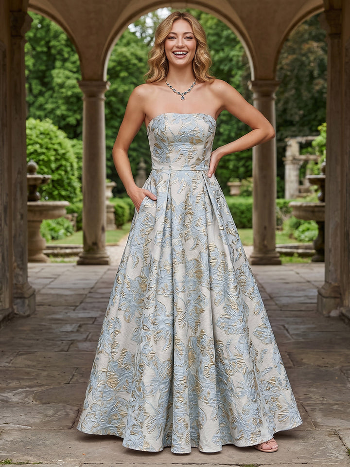Jacquard A Line Strapless Pleats Corset Evening Dresses