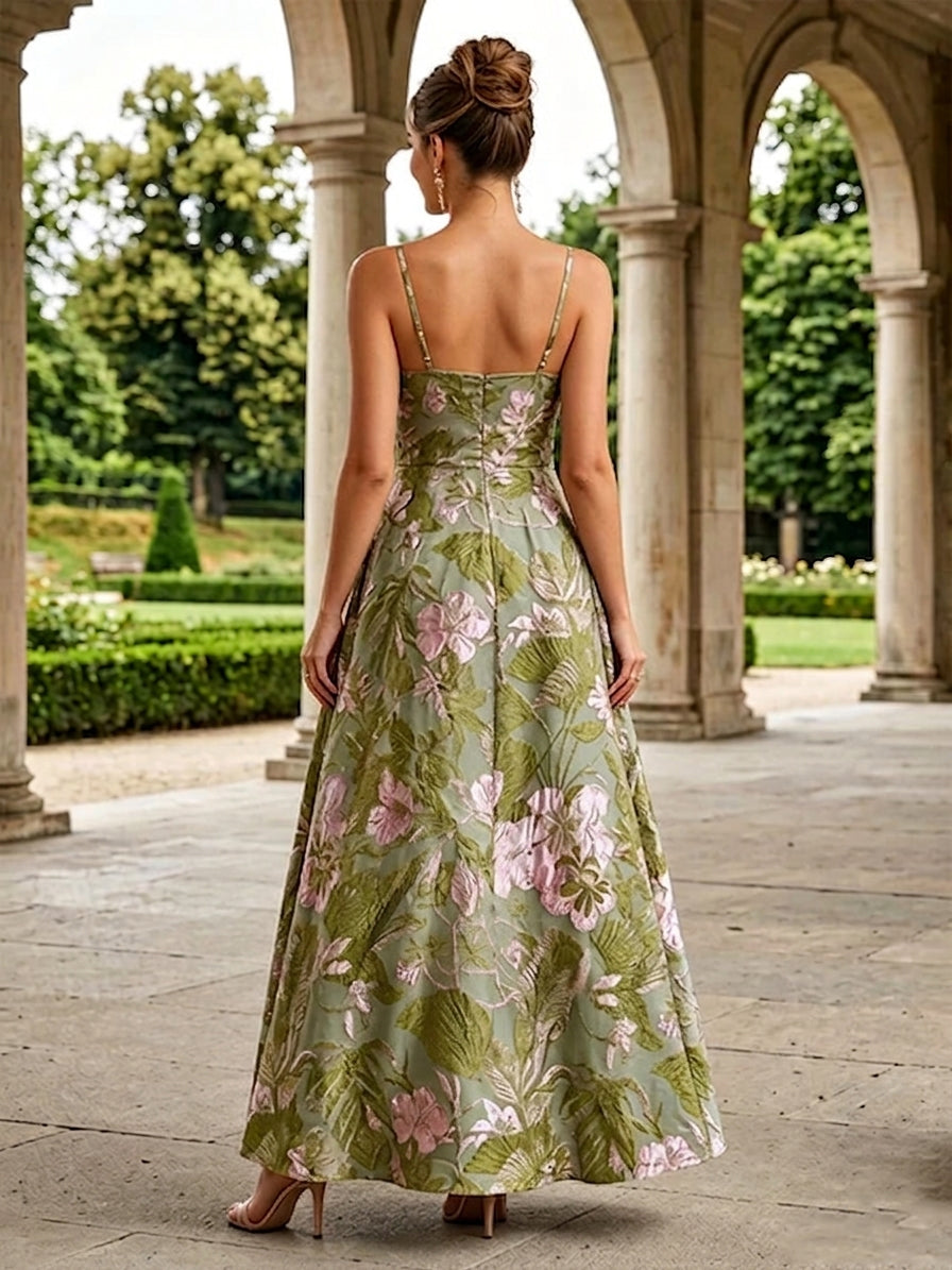 Jacquard A Line Square Neck Spaghetti Straps Ruched Evening Dresses