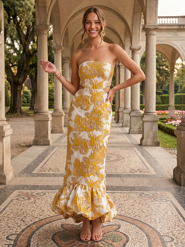 Jacquard Mermaid Strapless Cut Out Ruffles Formal Dresses