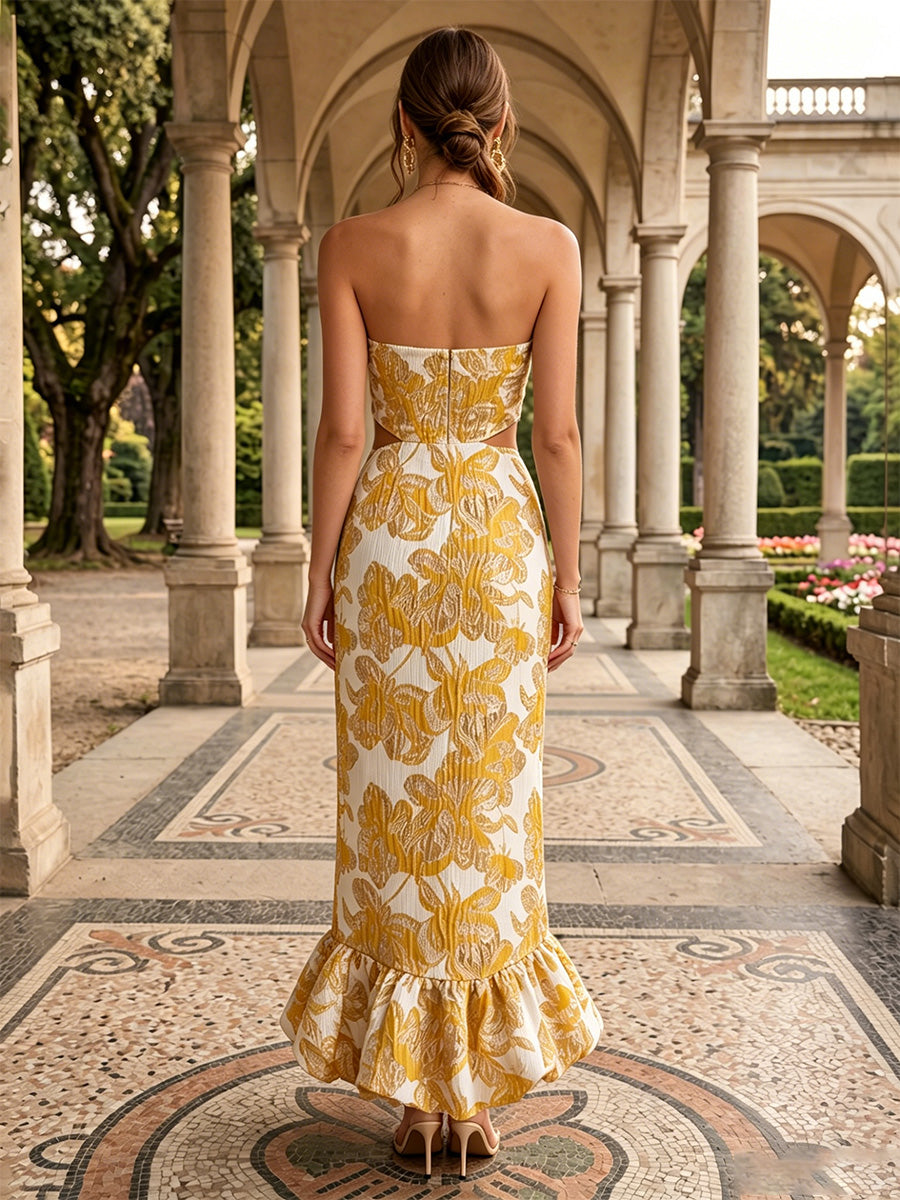 Jacquard Mermaid Strapless Cut Out Ruffles Formal Dresses