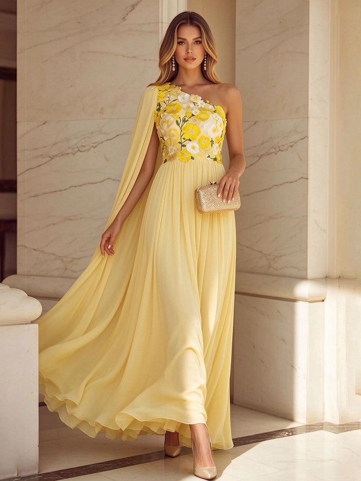 Chiffon A Line One Shoulder Ruffles Pleats Formal Dresses