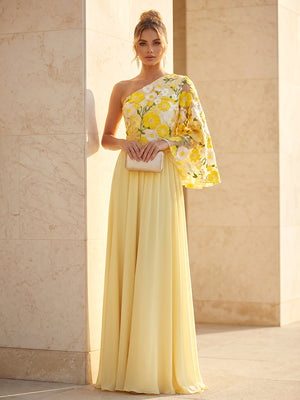 Chiffon A Line One Shoulder Floral Embroidery Pleats Formal Dresses