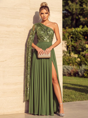 Chiffon A Line One Shoulder Ruffles Pleats Formal Dresses