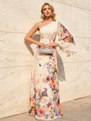 Floral Print A Line One Shoulder Simple Corset Formal Dresses