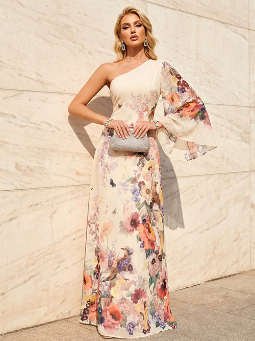 Floral Print A Line One Shoulder Simple Corset Formal Dresses