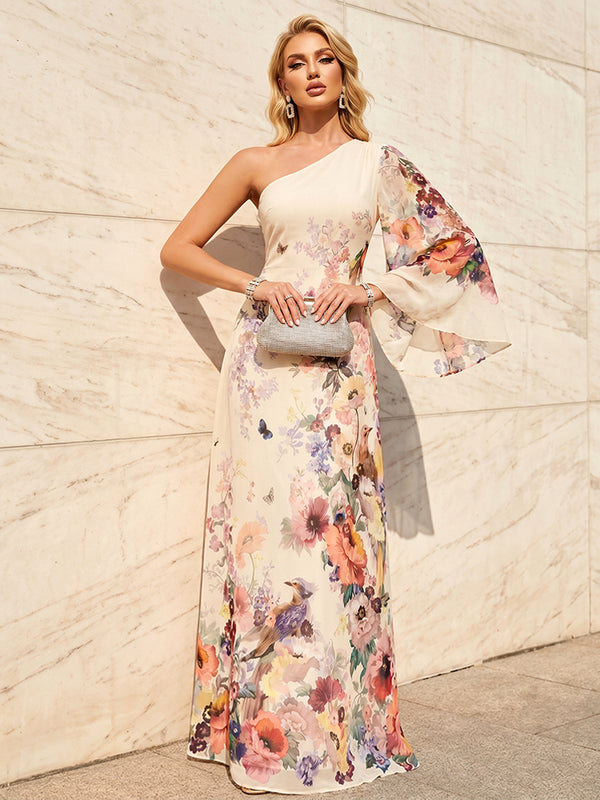 Floral Print A Line One Shoulder Simple Corset Formal Dresses