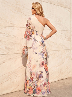 Floral Print A Line One Shoulder Simple Corset Formal Dresses