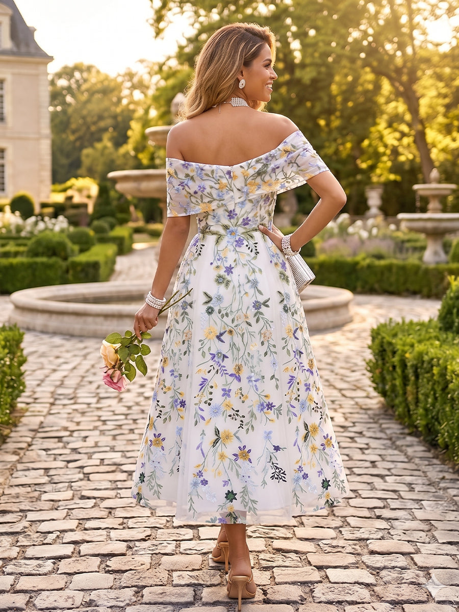 Tulle A Line Off the Shoulder Lace Appliques Corset Formal Dresses