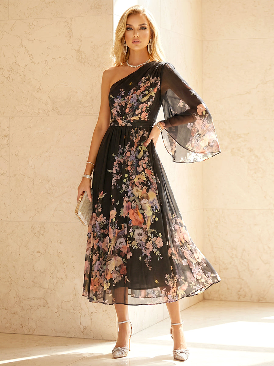 Sequin Floral A Line One Shoulder Pleats Corset Formal Dresses