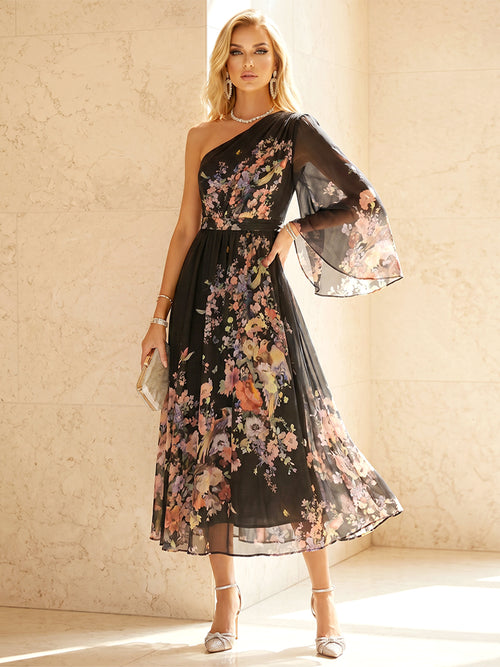 Sequin Floral A Line One Shoulder Pleats Corset Formal Dresses