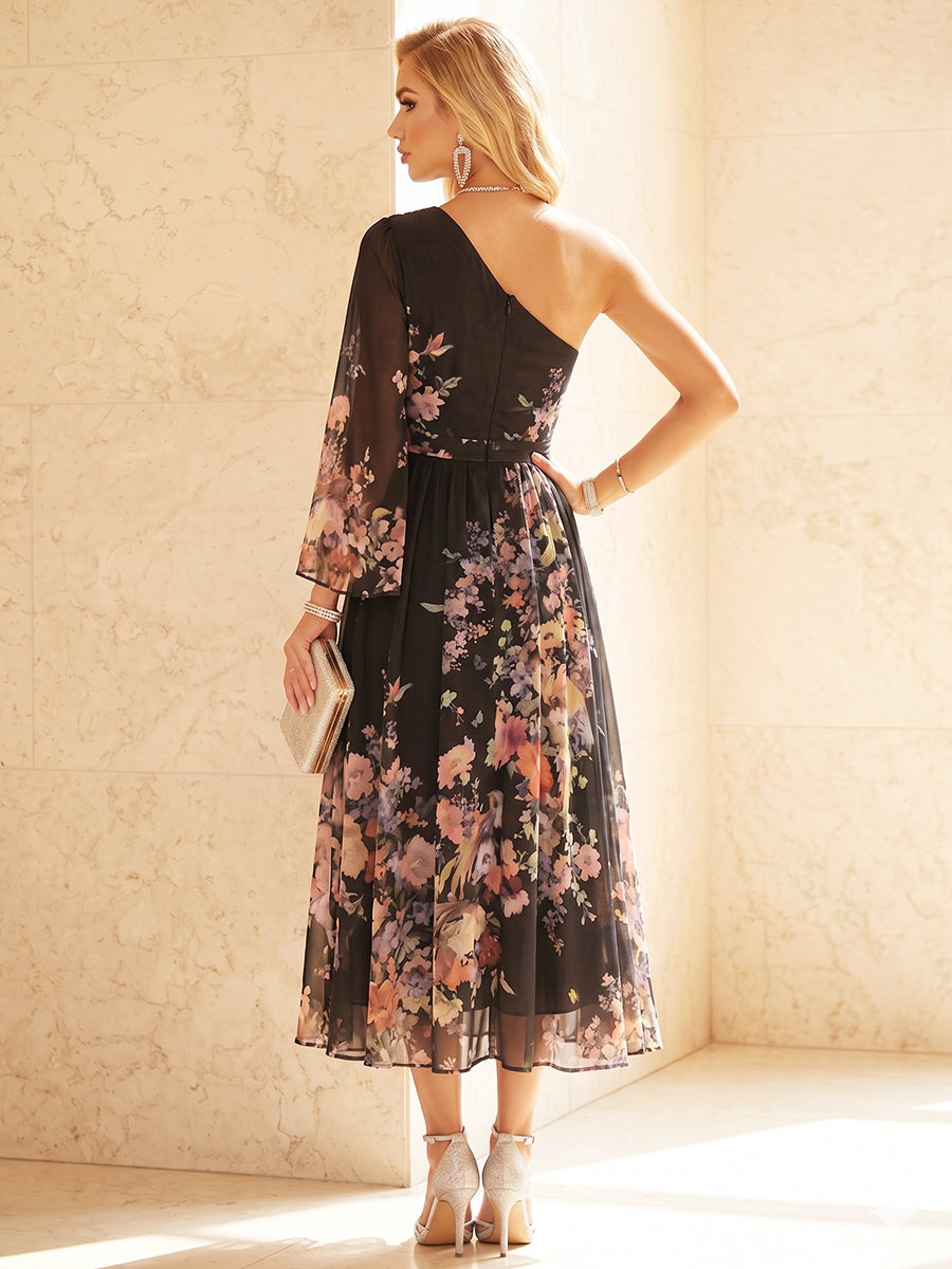 Sequin Floral A Line One Shoulder Pleats Corset Formal Dresses