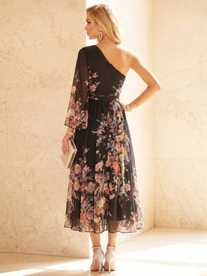Sequin Floral A Line One Shoulder Pleats Corset Formal Dresses