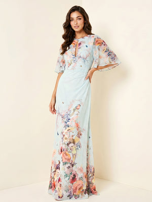 Floral Print Mermaid Scoop Neck Cut Out Ruched Formal Dresses