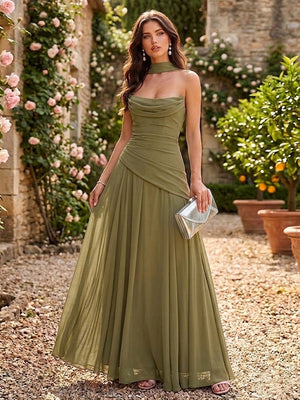 Chiffon Pleated A Line Strapless Formal Dresses with Scarf