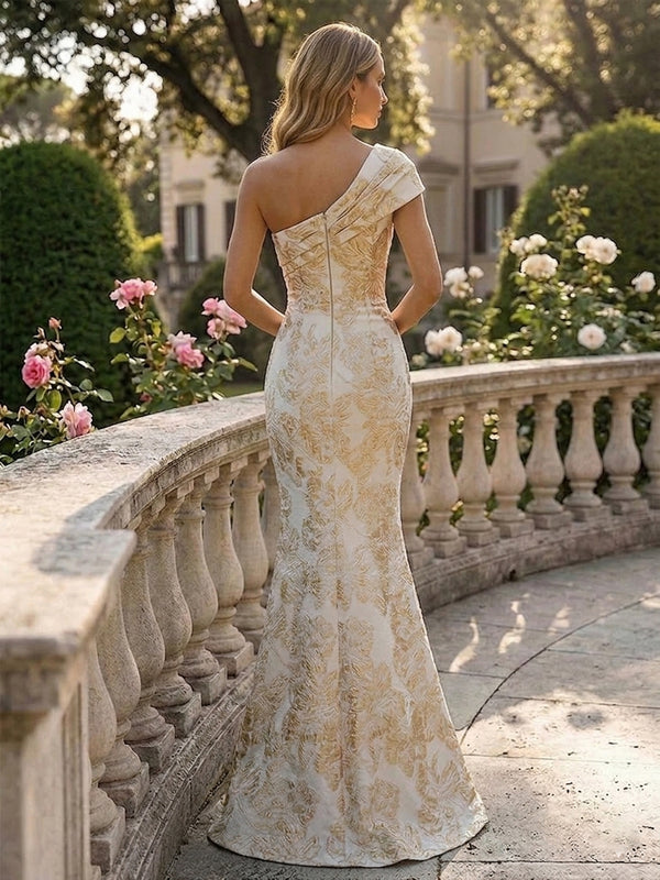 Off the Shoulder Jacquard Mermaid Floral Pleated Formal Dresses