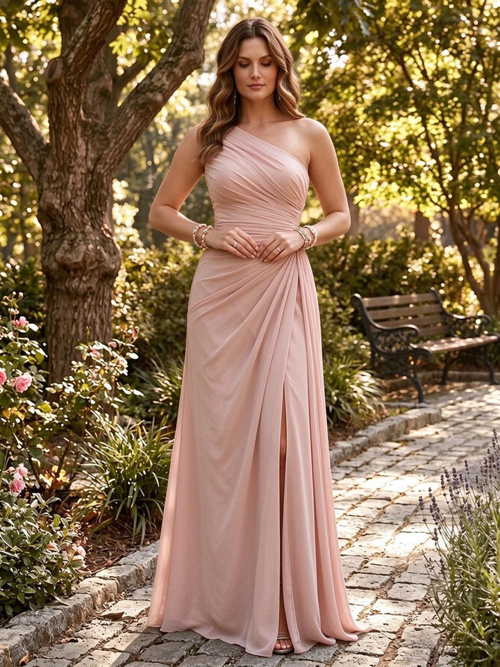 Chiffon A Line One Shoulder Pleats Ruched Formal Dresses with Slit