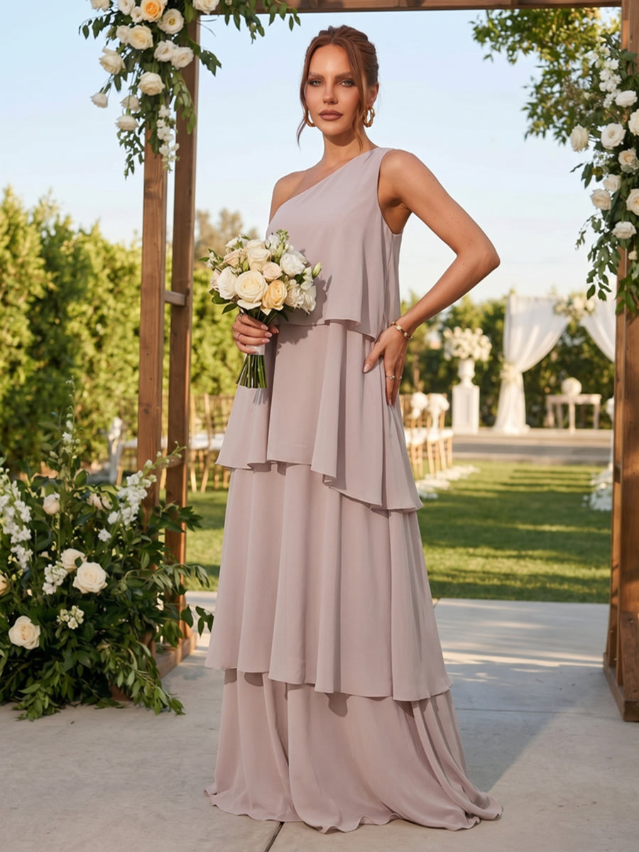 Chiffon A Line One Shoulder Layered Ruched Formal Dresses