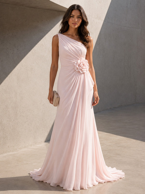 Chiffon A Line One Shoulder 3D Flowers Ruched Formal Dresses for Women